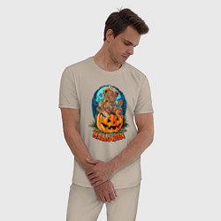 Пижама хлопковая мужская Halloween - Мишка на тыкве, цвет: миндальный — фото 2