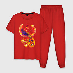 Пижама хлопковая мужская Жар-птица рисунок гуашью, цвет: красный