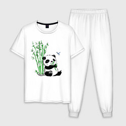 Пижама хлопковая мужская Панда бамбук и стрекоза, цвет: белый
