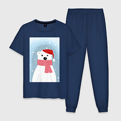 Пижама хлопковая мужская Мультяшный белый медведь в красной шапке с шарфом, цвет: тёмно-синий