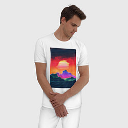 Пижама хлопковая мужская Синтвейв горы на закате, цвет: белый — фото 2