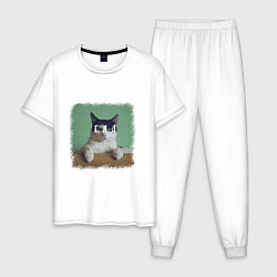 Пижама хлопковая мужская Мем - голодный кот, цвет: белый