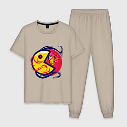 Пижама хлопковая мужская Pacman из ретро игры извергает пламя, цвет: миндальный