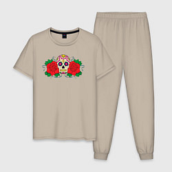 Пижама хлопковая мужская Мексиканский череп и розы, цвет: миндальный