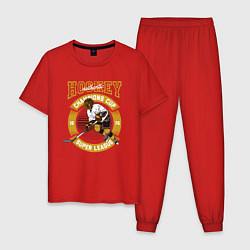 Пижама хлопковая мужская Чемпионат по хоккею, цвет: красный