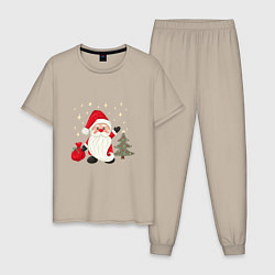 Пижама хлопковая мужская Дед Мороз с подарками Новый год, цвет: миндальный