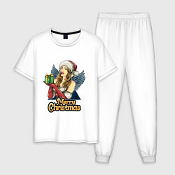 Пижама хлопковая мужская Снегурочка с подарком, цвет: белый