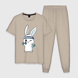 Пижама хлопковая мужская Прикольный зайчишка пауэрлифтер, цвет: миндальный