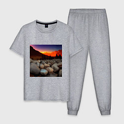 Пижама хлопковая мужская Горный пейзаж в закате солнца, каменная река, цвет: меланж
