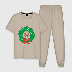 Пижама хлопковая мужская Рождественский венок с оленем, цвет: миндальный