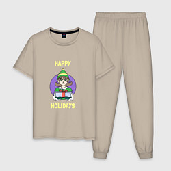 Пижама хлопковая мужская Счастливых праздников, цвет: миндальный