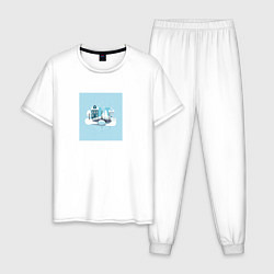 Пижама хлопковая мужская Голубой зимний город, цвет: белый