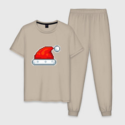 Пижама хлопковая мужская Пиксельная шапка Санта Клауса, цвет: миндальный