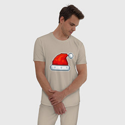 Пижама хлопковая мужская Пиксельная шапка Санта Клауса, цвет: миндальный — фото 2