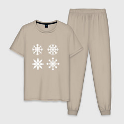 Пижама хлопковая мужская Новогодние белые снежинки, цвет: миндальный