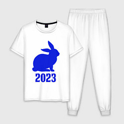 Пижама хлопковая мужская 2023 силуэт кролика синий, цвет: белый