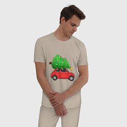 Пижама хлопковая мужская Новогодняя машина с праздничной елкой, цвет: миндальный — фото 2