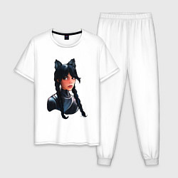 Пижама хлопковая мужская Чёрная кошка Уэнсдэй, цвет: белый