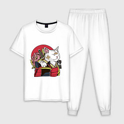 Пижама хлопковая мужская Кот самурая, цвет: белый