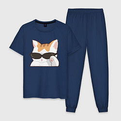 Пижама хлопковая мужская Бело-рыжий котик в очках, цвет: тёмно-синий