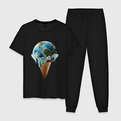 Пижама хлопковая мужская Земля в виде таящего шарика мороженого на рожке, цвет: черный