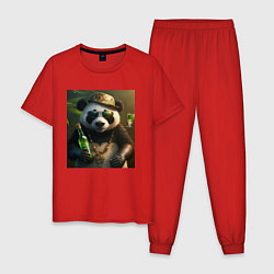Пижама хлопковая мужская Панда на отдыхе чилит, цвет: красный