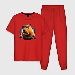 Пижама хлопковая мужская Спортивная капибара, цвет: красный