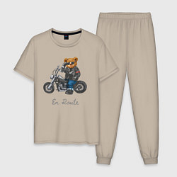 Пижама хлопковая мужская Крутой мотоциклист медведь, цвет: миндальный