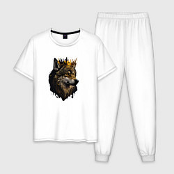 Пижама хлопковая мужская Волк-царь в короне, цвет: белый
