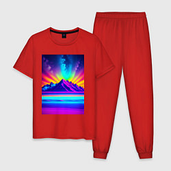 Пижама хлопковая мужская Неоновые горы - нейросеть, цвет: красный
