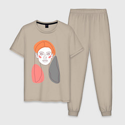 Пижама хлопковая мужская Лайн арт портрет девушки в стиле минимализм, цвет: миндальный