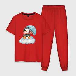 Пижама хлопковая мужская Пингвин на облаке с зонтом, цвет: красный