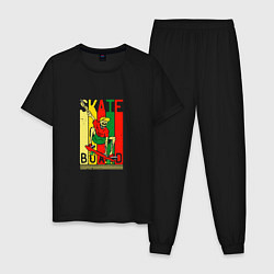 Пижама хлопковая мужская Skateboard skeleton, цвет: черный