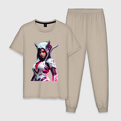 Пижама хлопковая мужская Young demon Oni - cyberpunk, цвет: миндальный