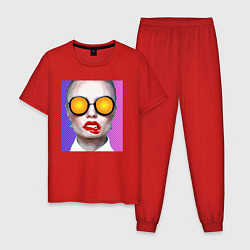Пижама хлопковая мужская Портрет девушки в больших солнечных очках, цвет: красный