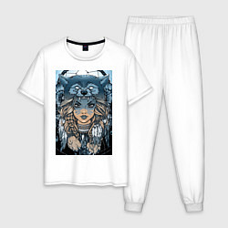 Пижама хлопковая мужская Девушка волчица, цвет: белый