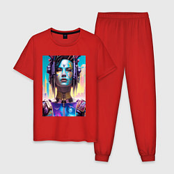 Пижама хлопковая мужская Крутая девчонка - киберпанк, цвет: красный