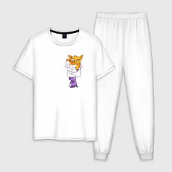 Пижама хлопковая мужская Карманный кот, цвет: белый