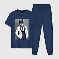 Пижама хлопковая мужская Кот-джентльмен - мем - нейросеть, цвет: тёмно-синий