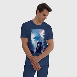 Пижама хлопковая мужская Акула - киберпанк - нейросеть, цвет: тёмно-синий — фото 2