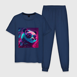 Пижама хлопковая мужская Панда в неоновом свете, цвет: тёмно-синий