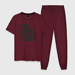 Пижама хлопковая мужская Eat, sleep, poker, repeat, цвет: меланж-бордовый