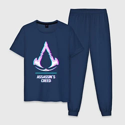 Пижама хлопковая мужская Assassins Creed в стиле glitch и баги графики, цвет: тёмно-синий