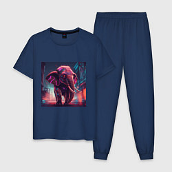 Пижама хлопковая мужская Кибер-слон в свете неона, цвет: тёмно-синий