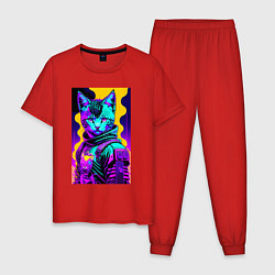 Пижама хлопковая мужская Прикольный неоновый котёнок - киберпанк, цвет: красный