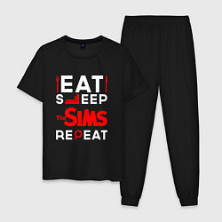 Пижама хлопковая мужская Надпись eat sleep The Sims repeat, цвет: черный