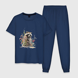Пижама хлопковая мужская Акварельный милый енот, цвет: тёмно-синий