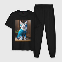 Пижама хлопковая мужская Кот в голубом костюме, цвет: черный