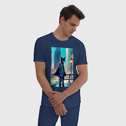 Пижама хлопковая мужская Кот модник - Нью-Йорк - акварель, цвет: тёмно-синий — фото 2