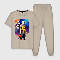 Пижама хлопковая мужская Ниндзя - иероглифы - живопись, цвет: миндальный